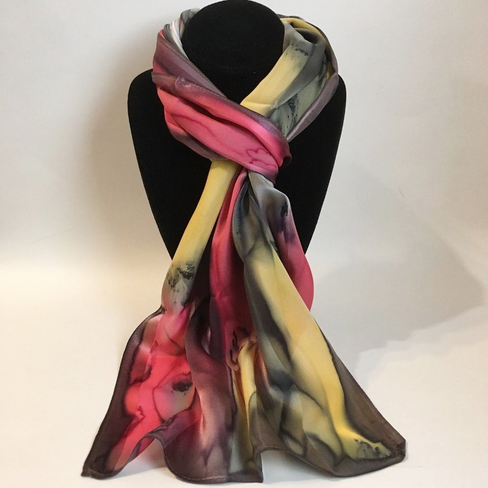 Hand Painted Silk Scarf Watermelon Yellow Charcoal